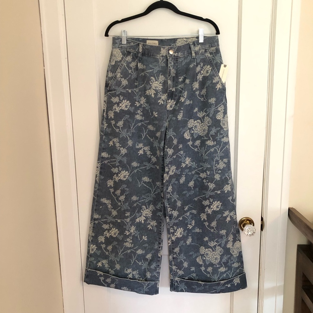 Anthropologie Blue Floral Wide-Leg Jeans